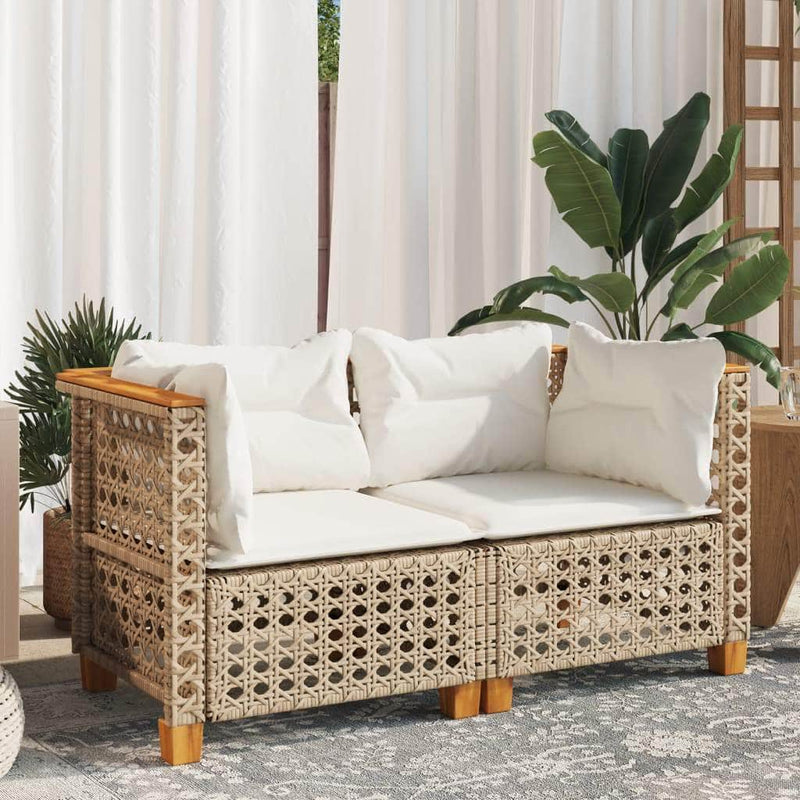 2 Pcs - Garden Sofas Corner with Cushions 2 pcs Beige Poly Rattan