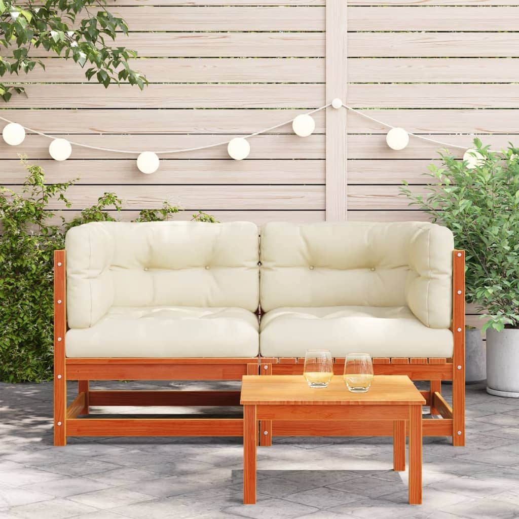 Garden Sofas Corner with Cushions 2 pcs Wax Brown Solid Wood Pine | Brown colour