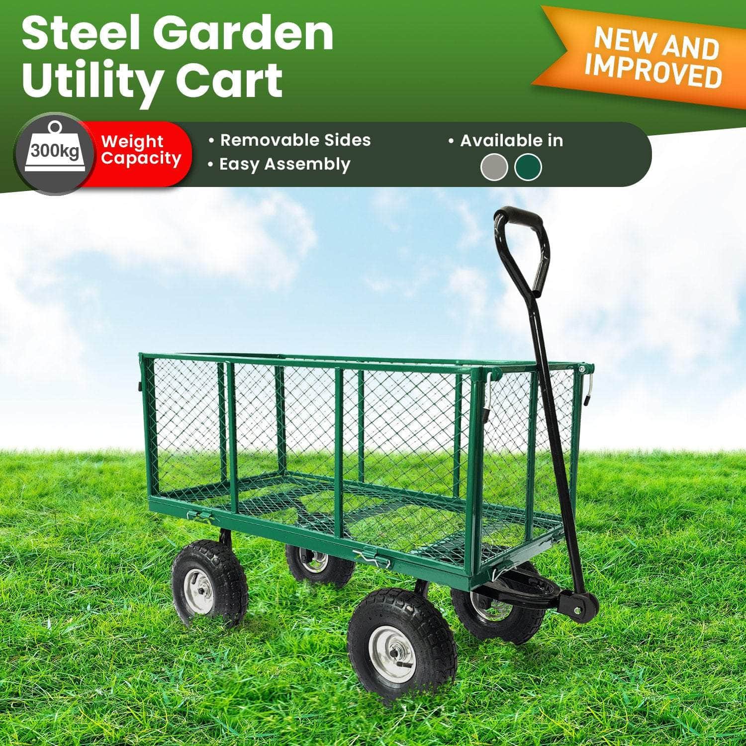 Steel Mesh Garden Trolley Cart - Green with Steel finish