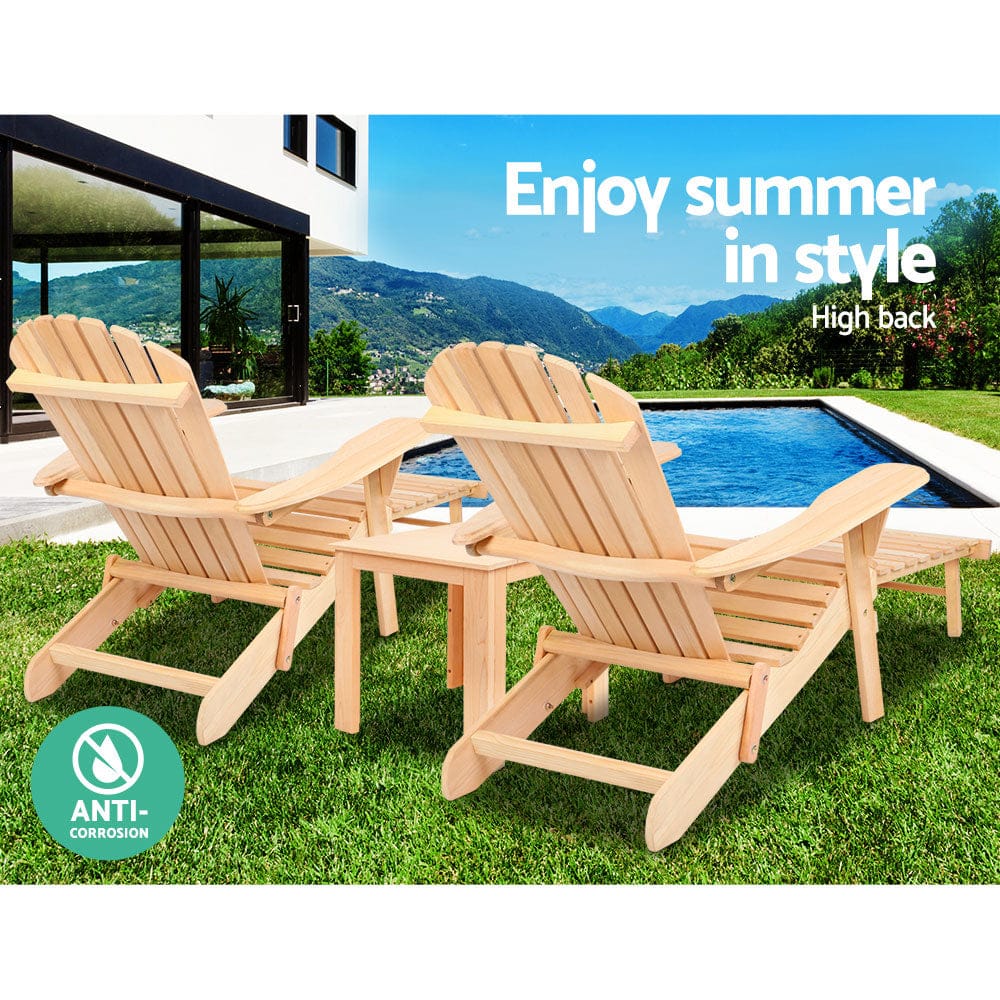 Outdoor Adirondack Chair Set with Table Natural Wood Patio Garden Furniture - Gardeon Piece Beach Chot