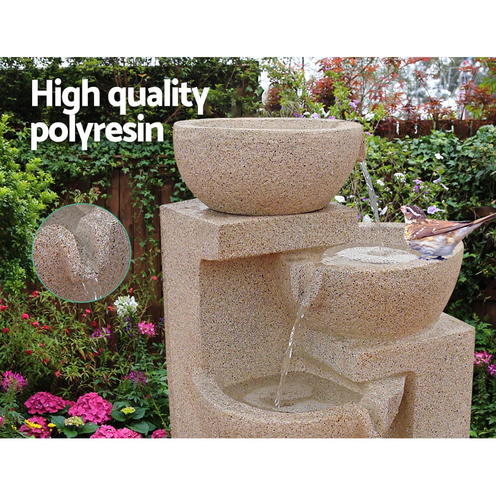 Solar Water Feature Cascading Fountain 4-Tier Bowl LED Lights 72CM Sand - Gardeon Powered Light Beige