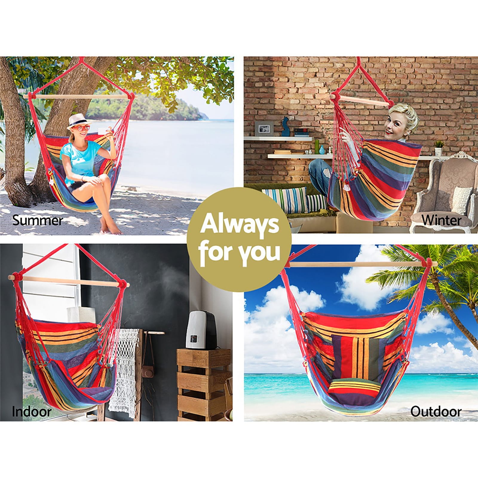 Hammock Chair Outdoor Camping Hanging Hammocks Cushion - Gardeon Swing Multi Colour