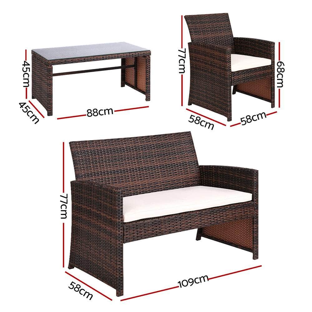 Gardeon Set of 4 Outdoor Rattan Chairs & Table - Brown