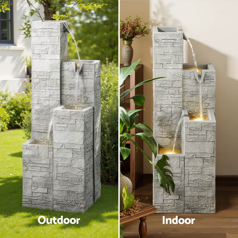 Gardeon Solar Fountain Water Feature Outdoor Indoor 4-Tier Square Cascading Beige | Beige colour - photo 14