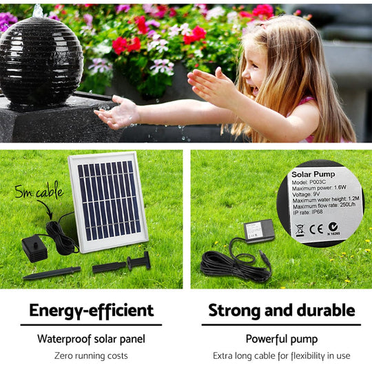 Solar Water Feature Black 85cm with LED Lights Outdoor Fountain - Gardeon Powered Twist Design