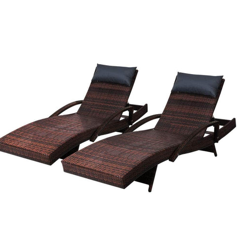 2X Adjustable Wicker Beach Chair Armrest Brown