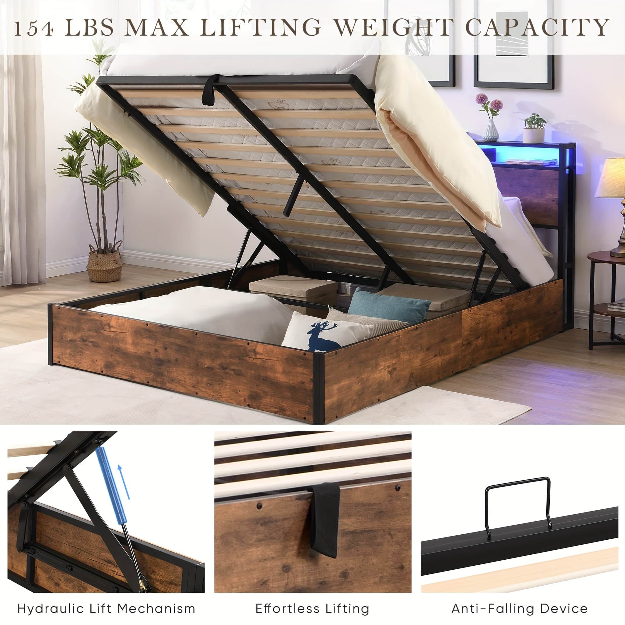 Gas Lift Bed Frame With Storage Queen Size Wooden Slats Platform Bed