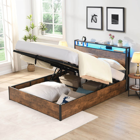 Gas Lift Bed Frame With Storage Queen Size Wooden Slats Platform Bed