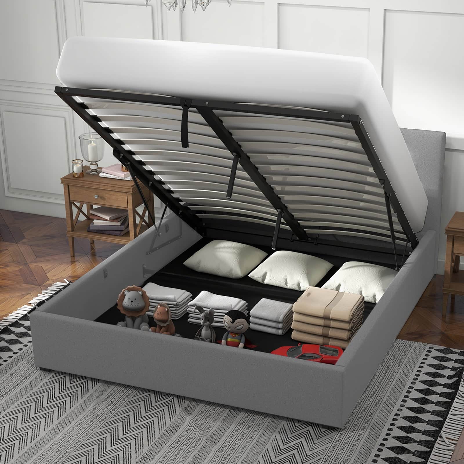 Gas Lift Storage Bed with Headboard Grey Double