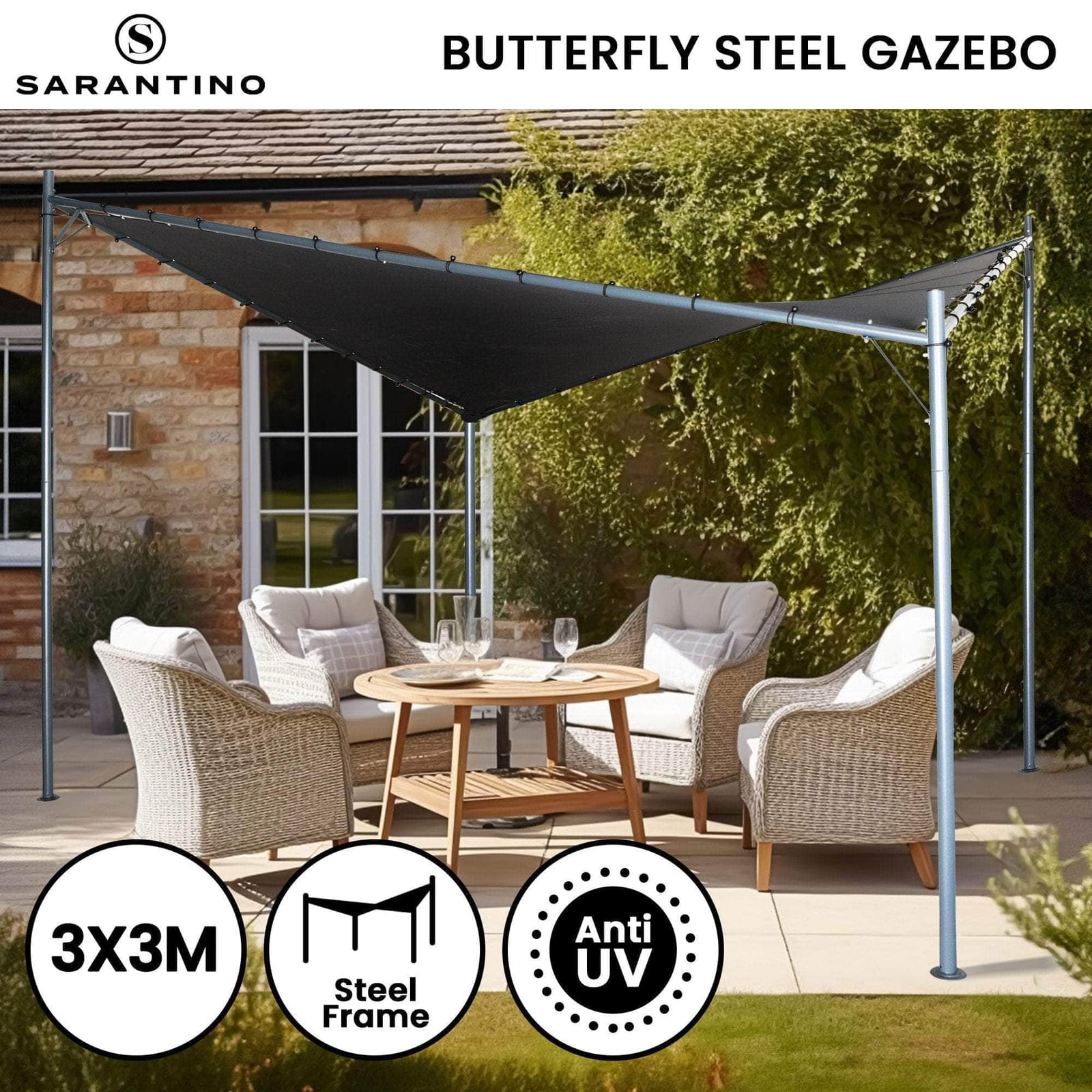 3x3m Butterfly Steel Gazebo - Charcoal with marquees