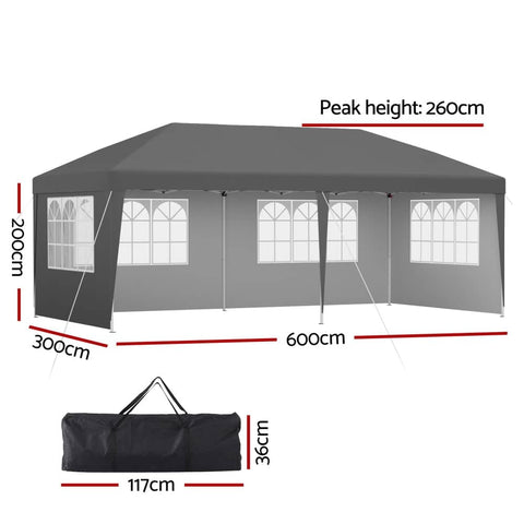 Gazebo 3x6m Pop Up Marquee Wedding Party Outdoor Camping Canopy Grey