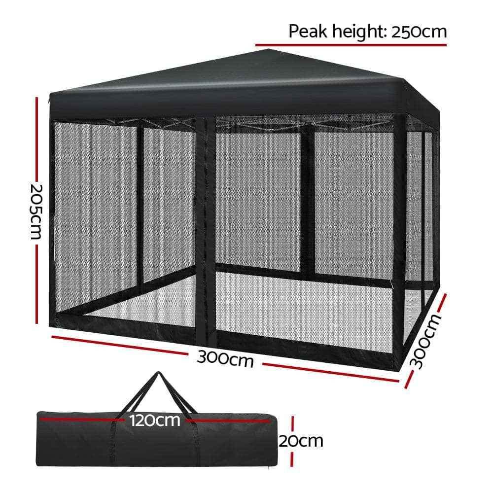 Gazebo Pop Up Marquee 3x3 Wedding Side Mesh Wall Outdoor Gazebos Black