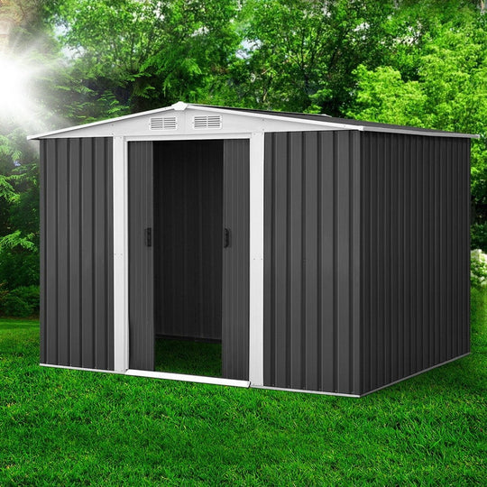 2.58X2.07M Outdoor Garden Shed With Sliding Door - Giantz Steel Roof Grey