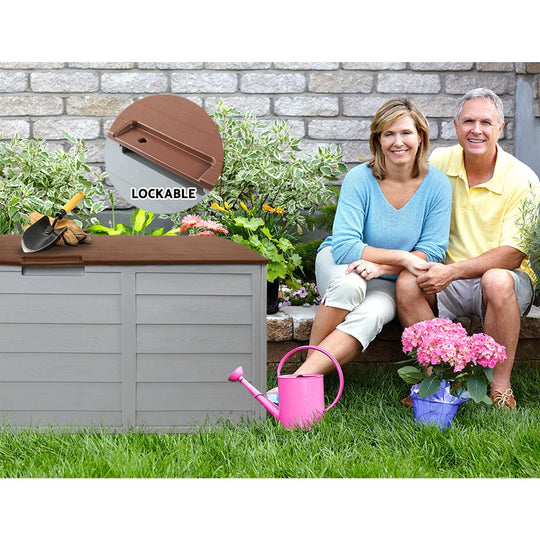 Outdoor Storage Box 290L Lockable Organiser Garden Deck Shed Tool Brown - Outdoor Storage Boxes