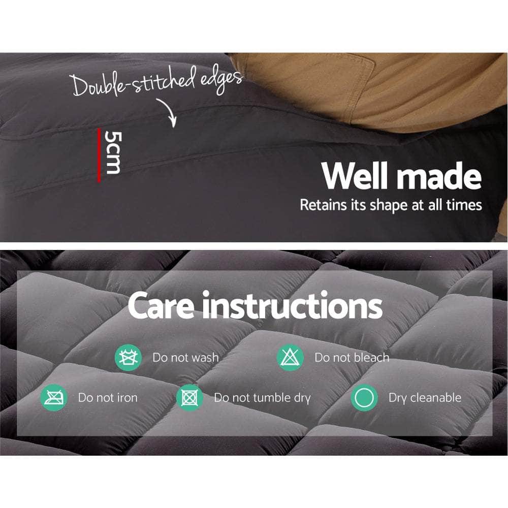 Giselle Single Mattress Topper Pillowtop 1000GSM Charcoal Microfibre Bamboo Fibre Filling Protector