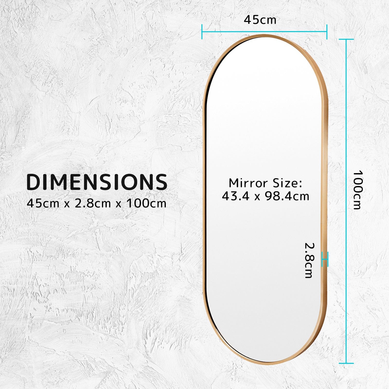 Wall Mirror Oval Aluminum Frame Bathroom 45x100cm GOLD - Gold colour