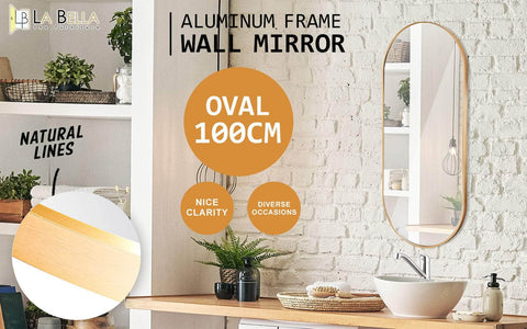 Gold Wall Mirror Oval Aluminum Frame Makeup Decor Bathroom Vanity 45 X 100Cm