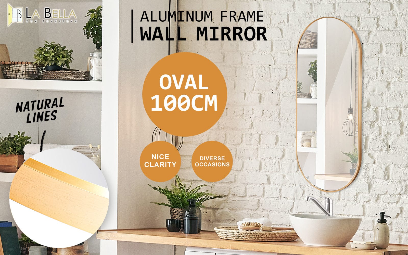 Wall Mirror Oval Aluminum Frame Bathroom 45x100cm GOLD with Mirrors - photo 17