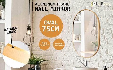 Gold Wall Mirror Oval Aluminum Frame Makeup Decor Bathroom Vanity 50 X 75Cm