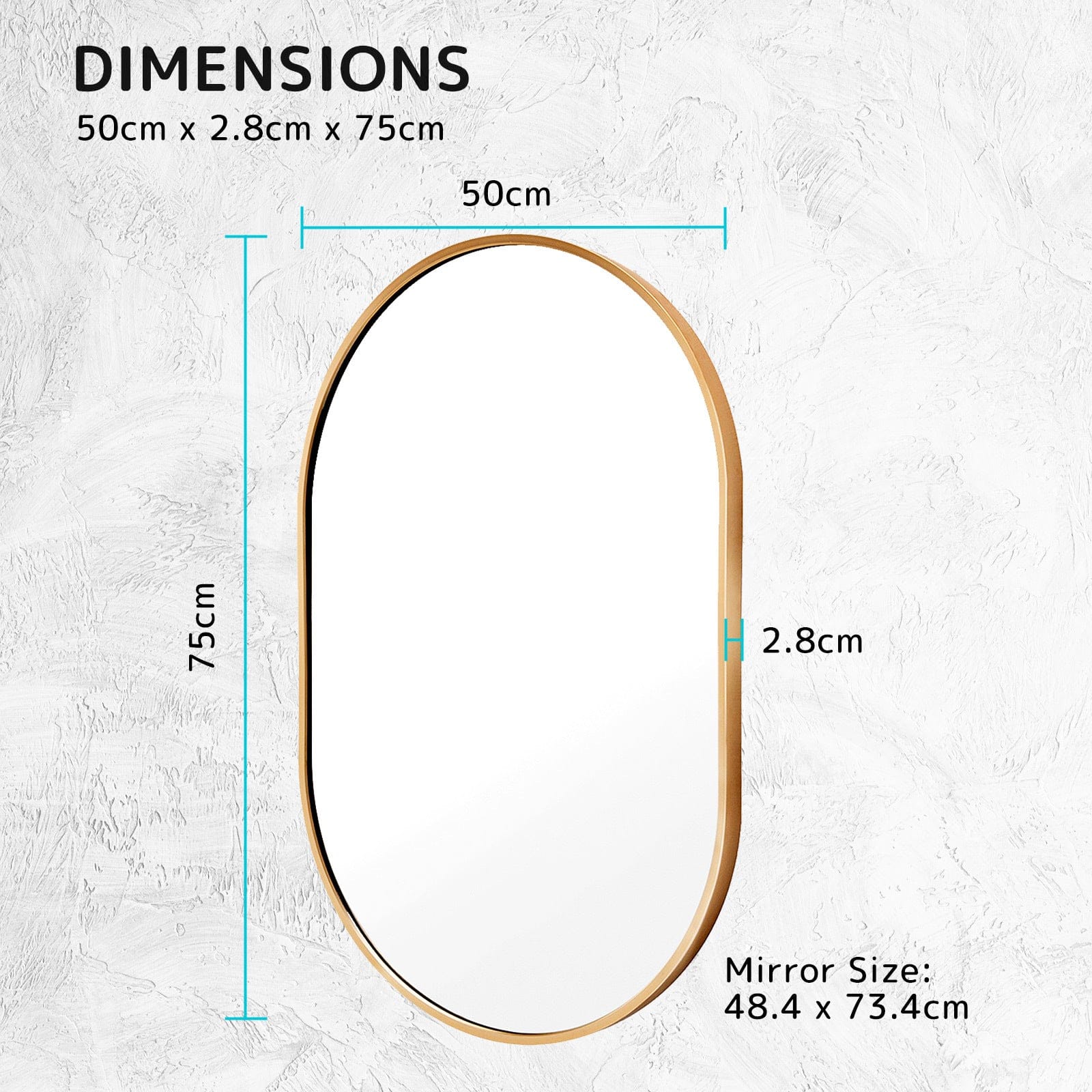 Wall Mirror Oval Aluminum Frame Bathroom 50x75cm GOLD with Makeup Decor Vanity - photo 16