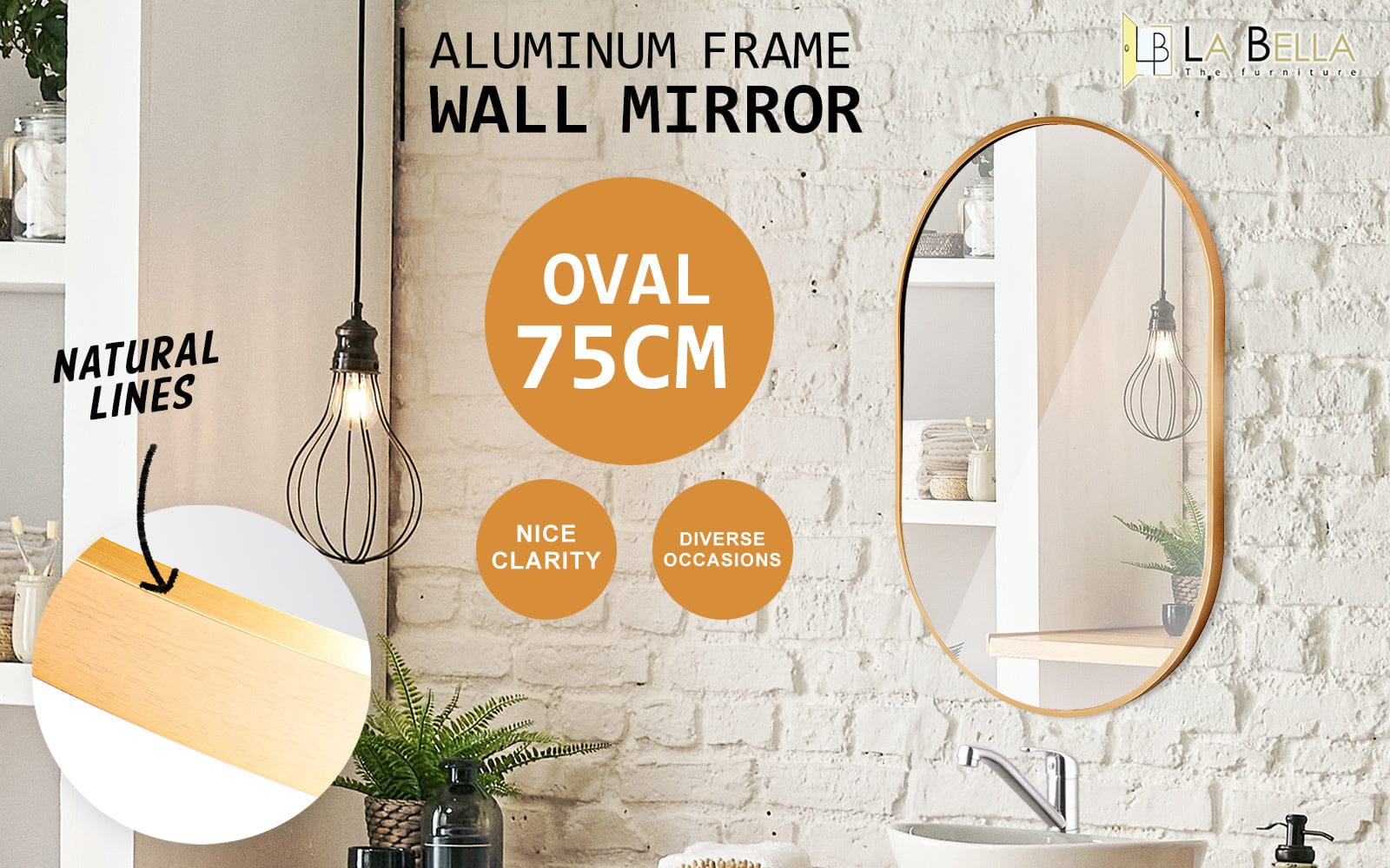 Wall Mirror Oval Aluminum Frame Bathroom 50x75cm GOLD with Mirrors - photo 17
