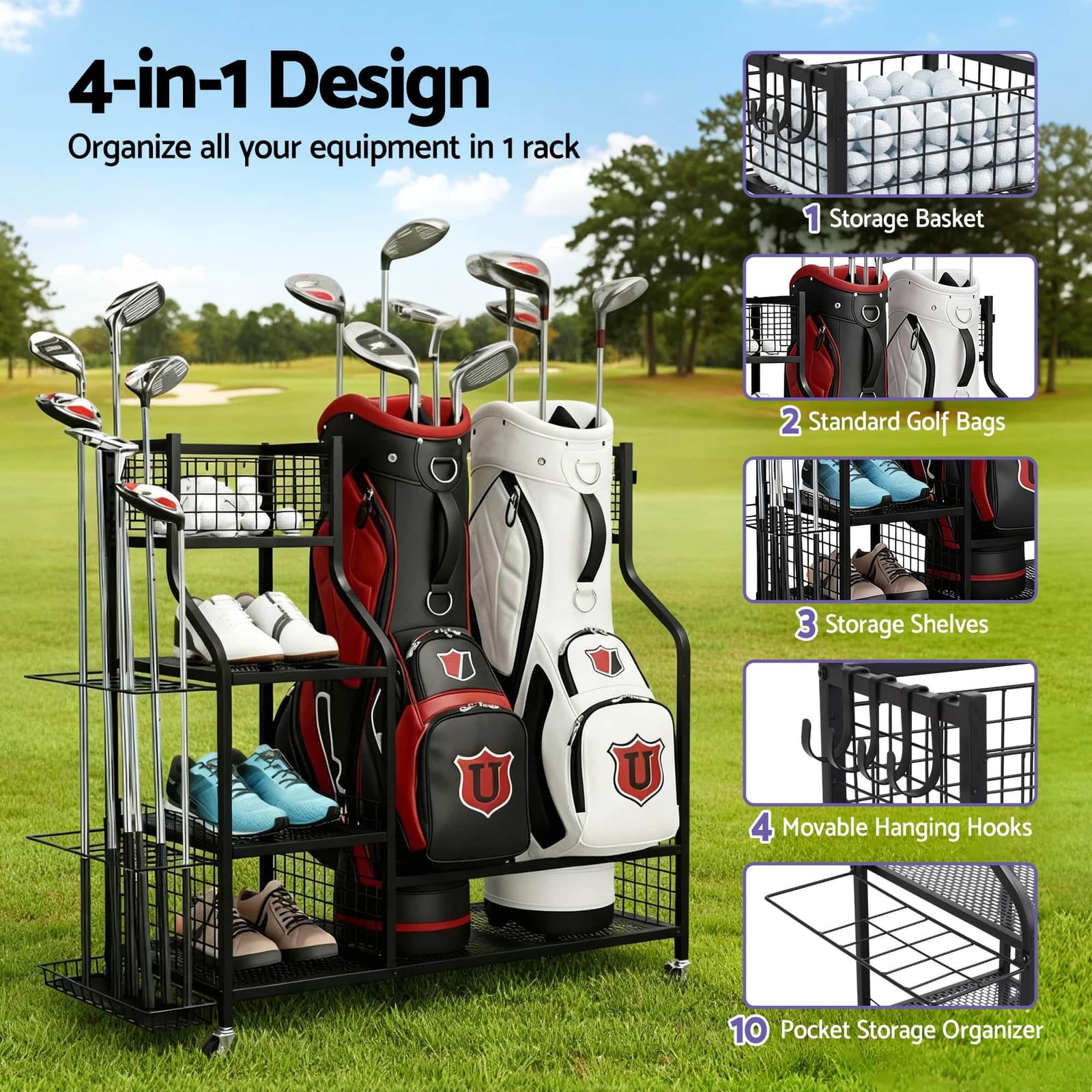 Golf Bag Storage Golf Storage Garage Organizer with Wheels Black with Black colour