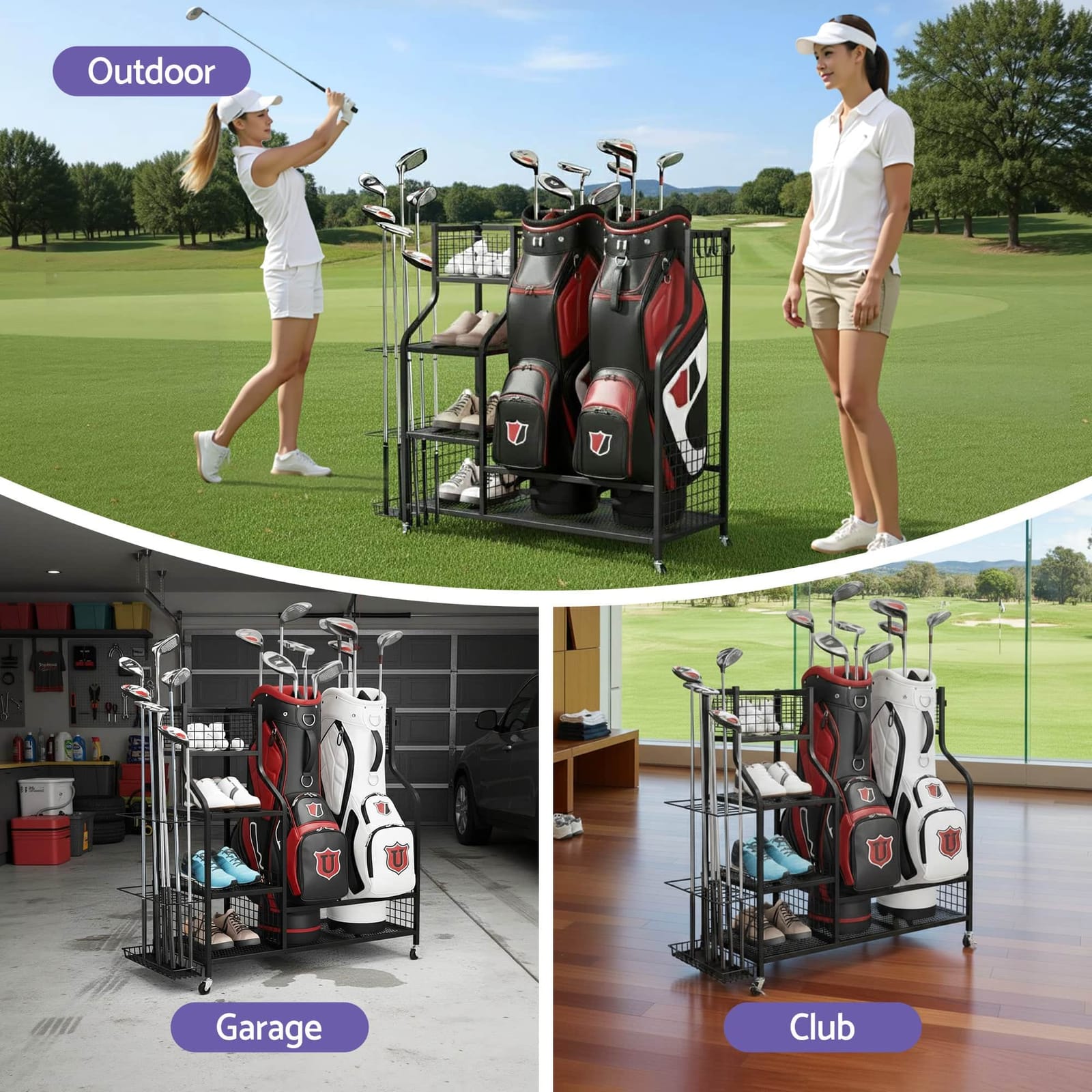 Golf Bag Storage Golf Storage Garage Organizer with Wheels Black with Golf Accessories