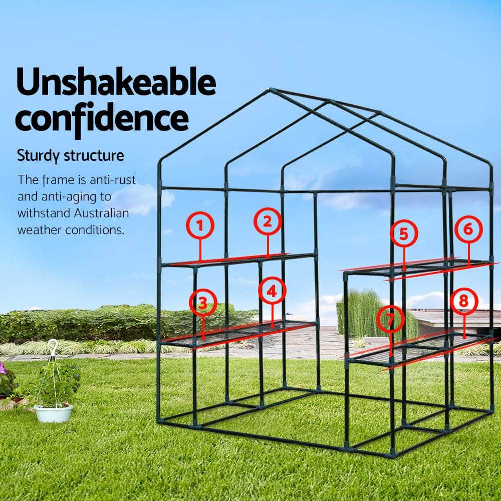 Greenhouse Tunnel - Walk-In Garden Shed with 8 Shelves 1.4x1.55x2m
