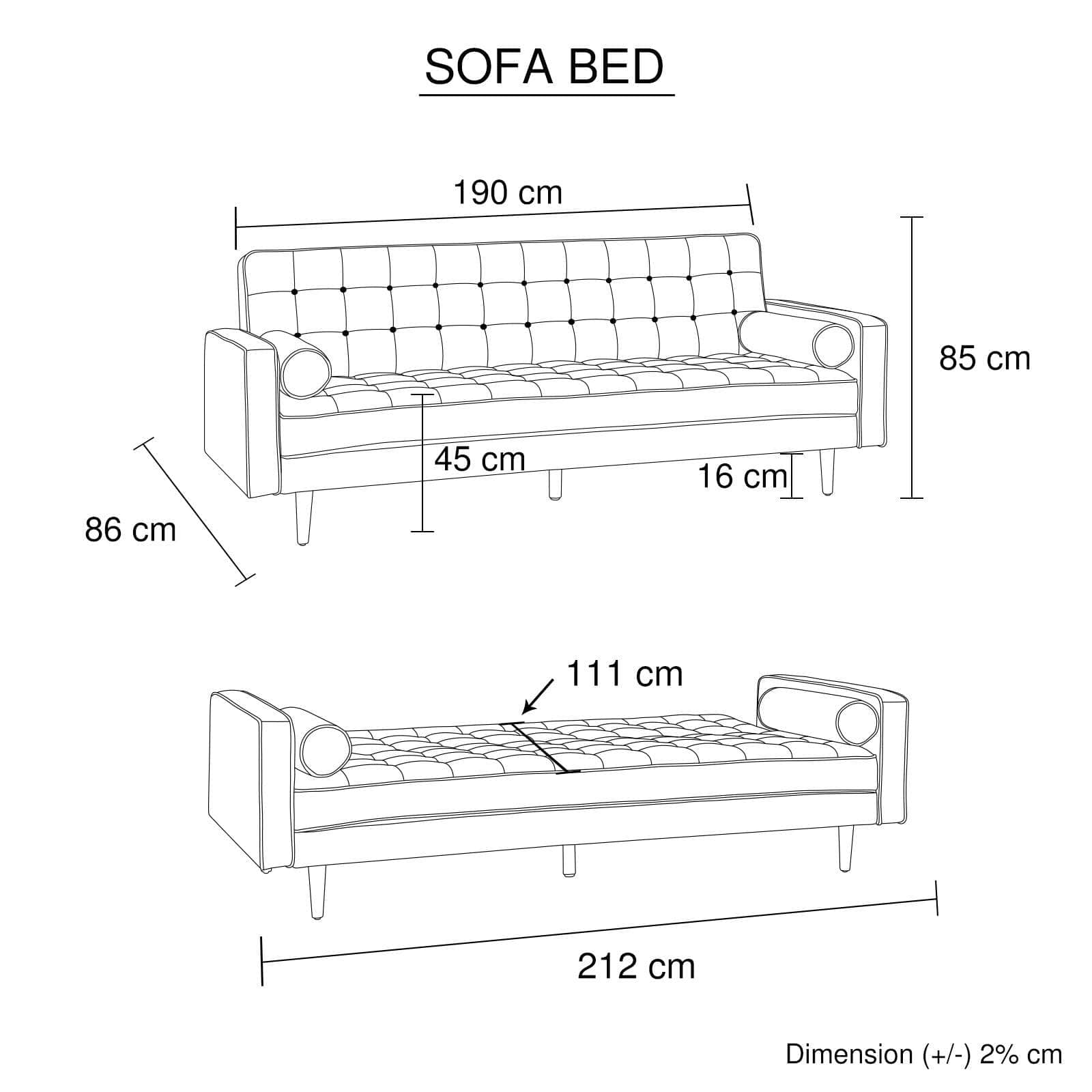 Grey Fabric 3-Seater Button-Tufted Sofa Bed