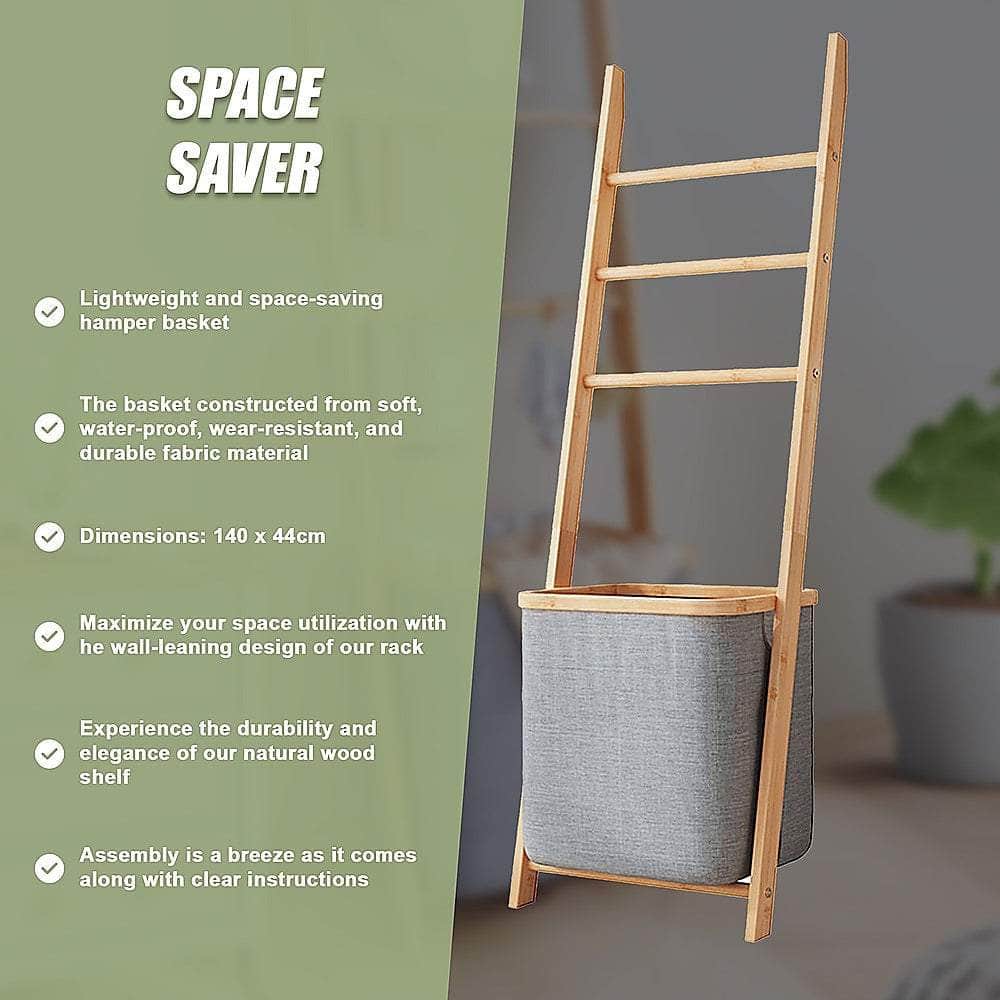 Grey Wall Leaning Shelf With Laundry Hamper