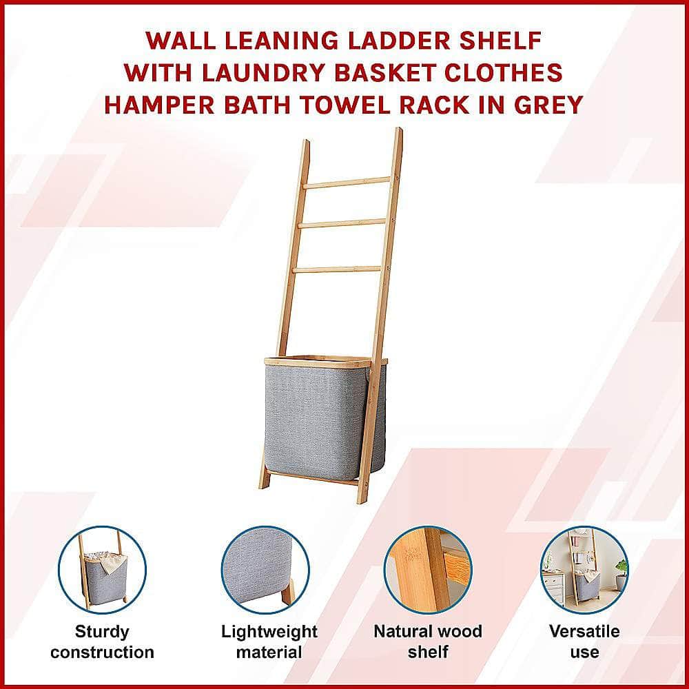 Grey Wall Leaning Shelf With Laundry Hamper