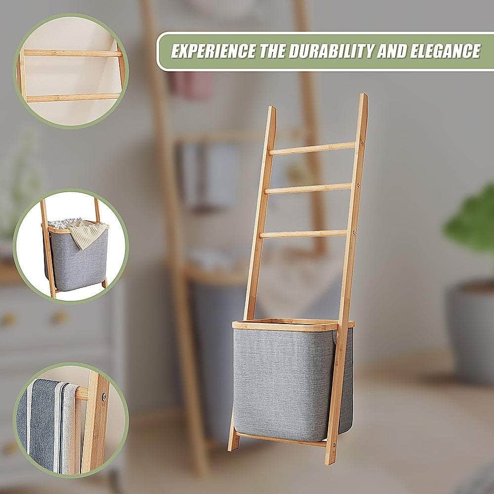 Grey Wall Leaning Shelf With Laundry Hamper with serr dis