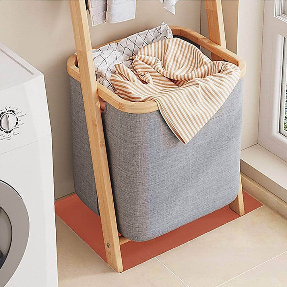 Grey Wall Leaning Shelf With Laundry Hamper, serr dis