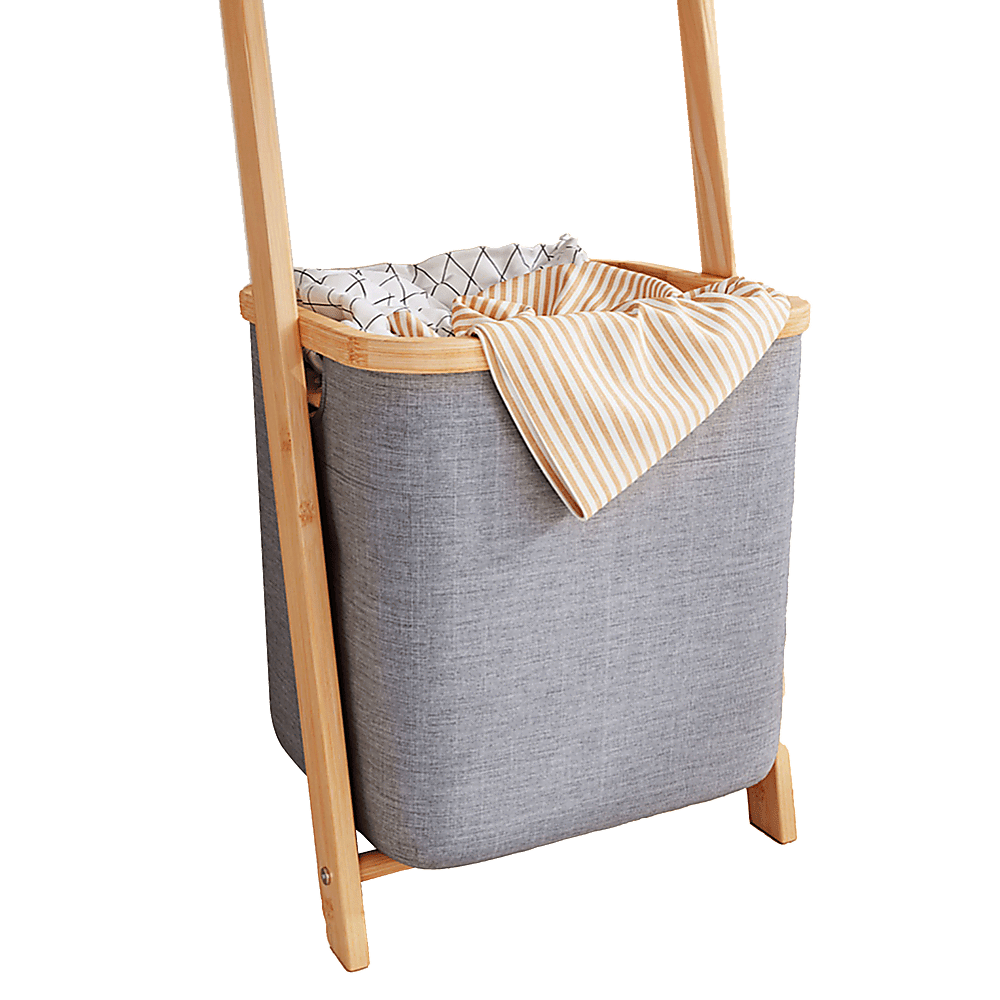 Grey Wall Leaning Shelf With Laundry Hamper | serr dis