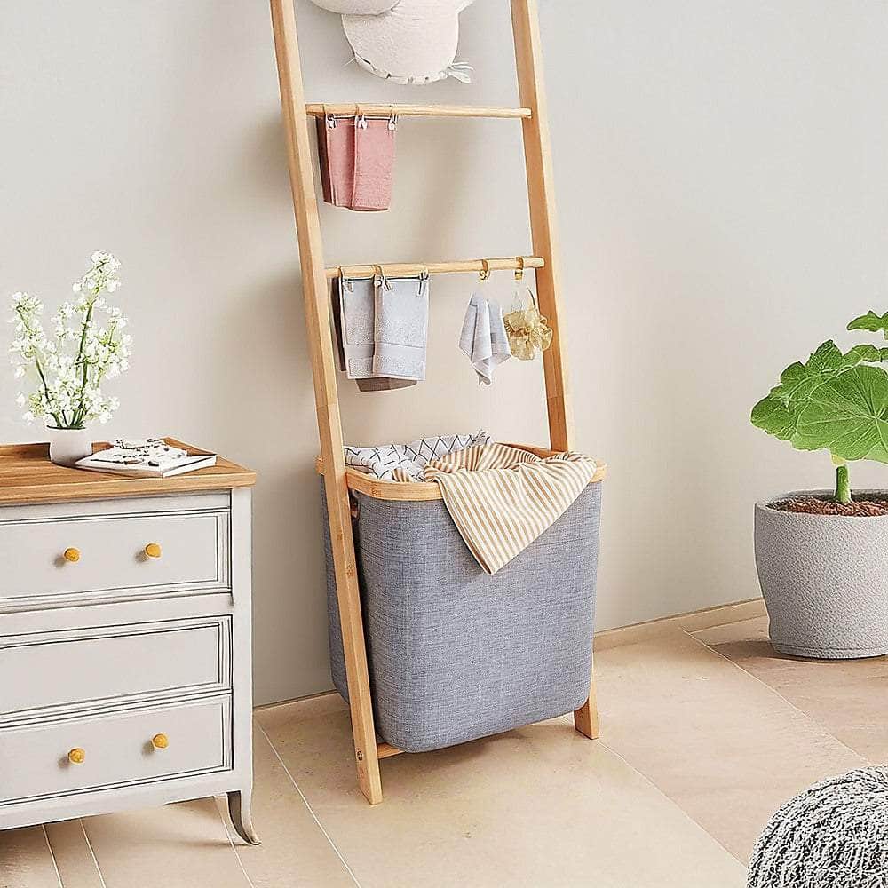 Grey Wall Leaning Shelf With Laundry Hamper