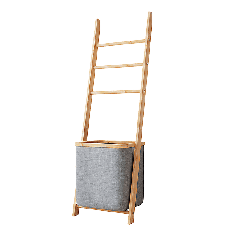 Grey Wall Leaning Shelf With Laundry Hamper
