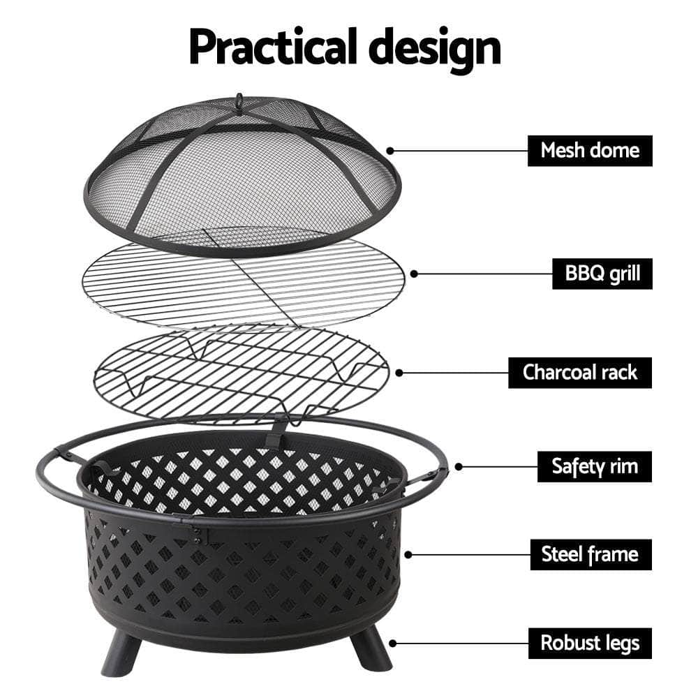 Grillz 30 Inch Portable Outdoor Fire Pit and BBQ - Black