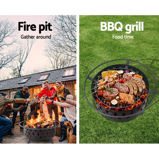 82cm Fire Pit with BBQ Grill Outdoor Wood Burner for Patio & Camping - Grillz Inch Portable Black