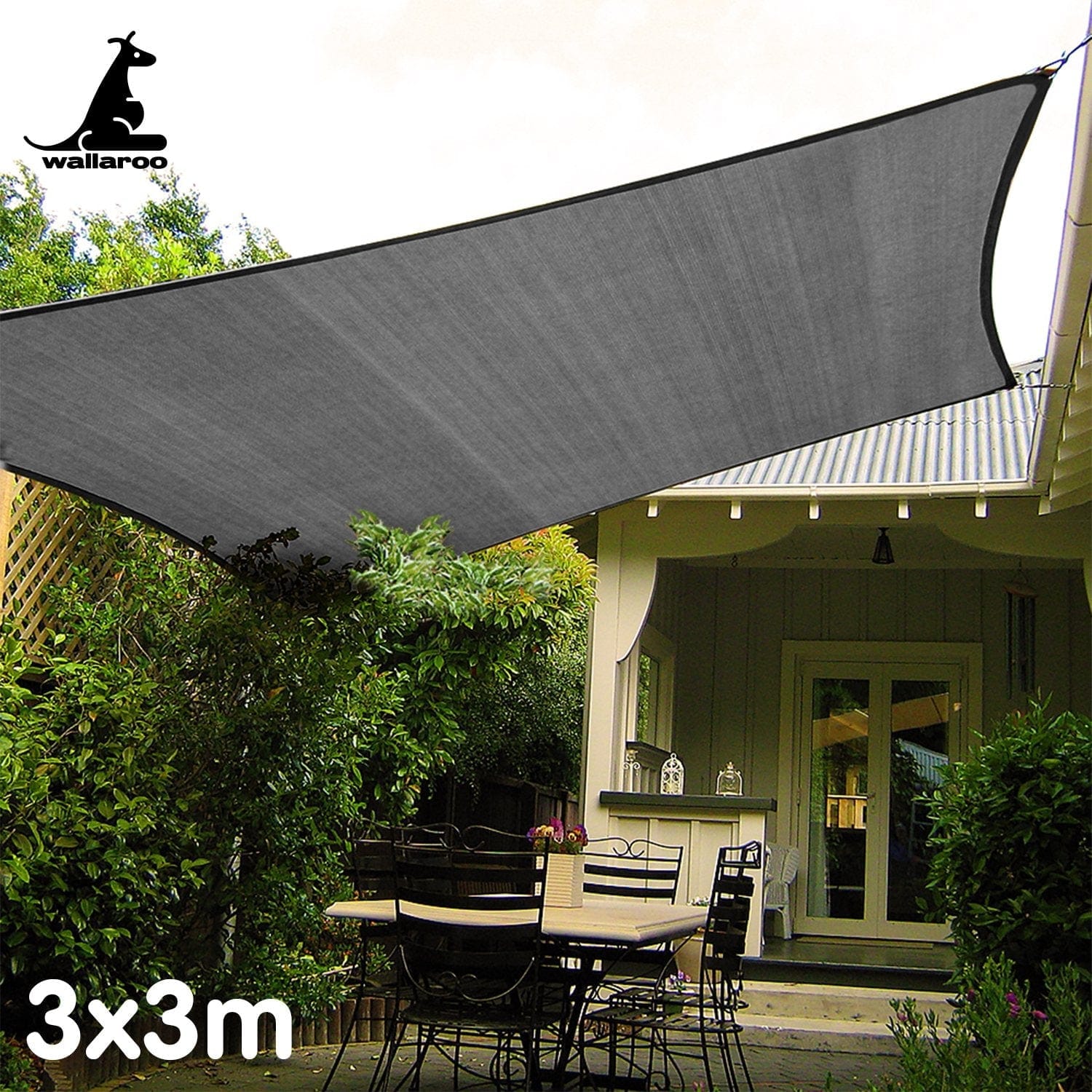 Outdoor Sun Shade Sail Canopy Grey Square 3 x 3M, Grey colour