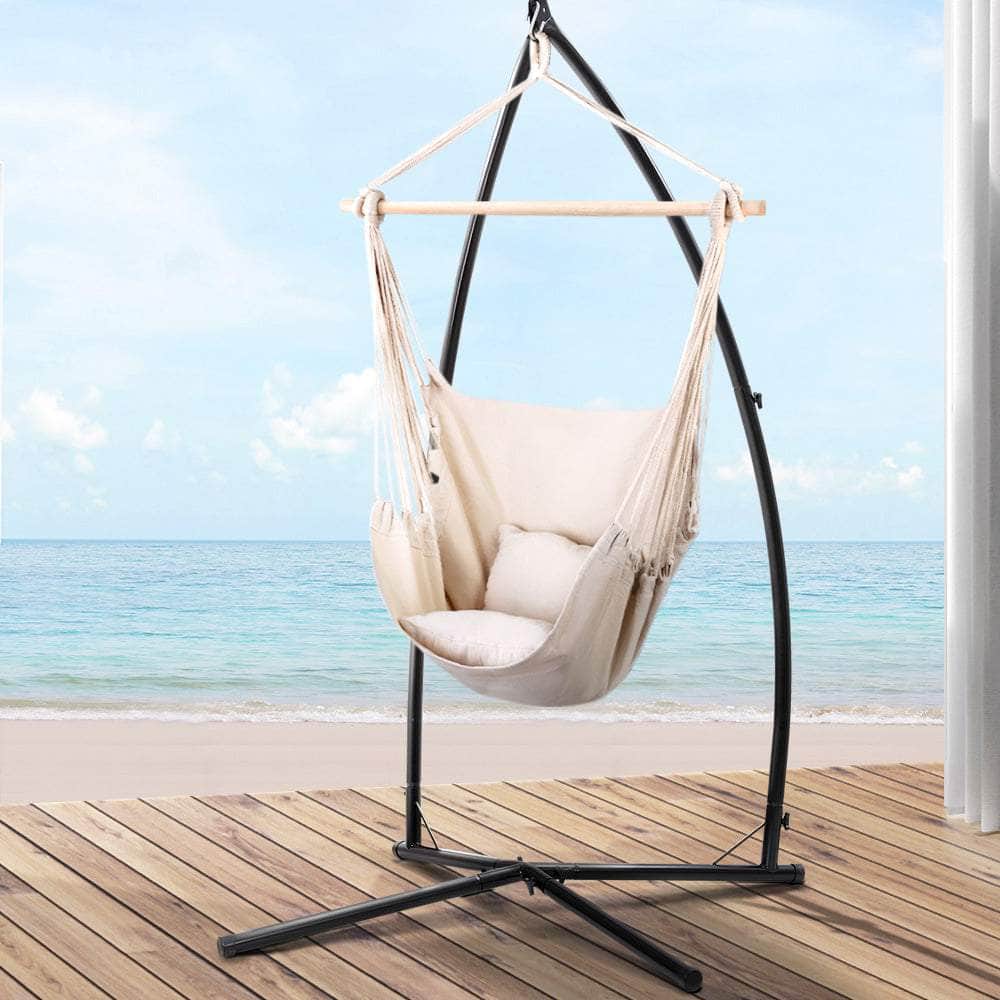Hammock Chair Outdoor Camping Hanging With Steel Stand Cream