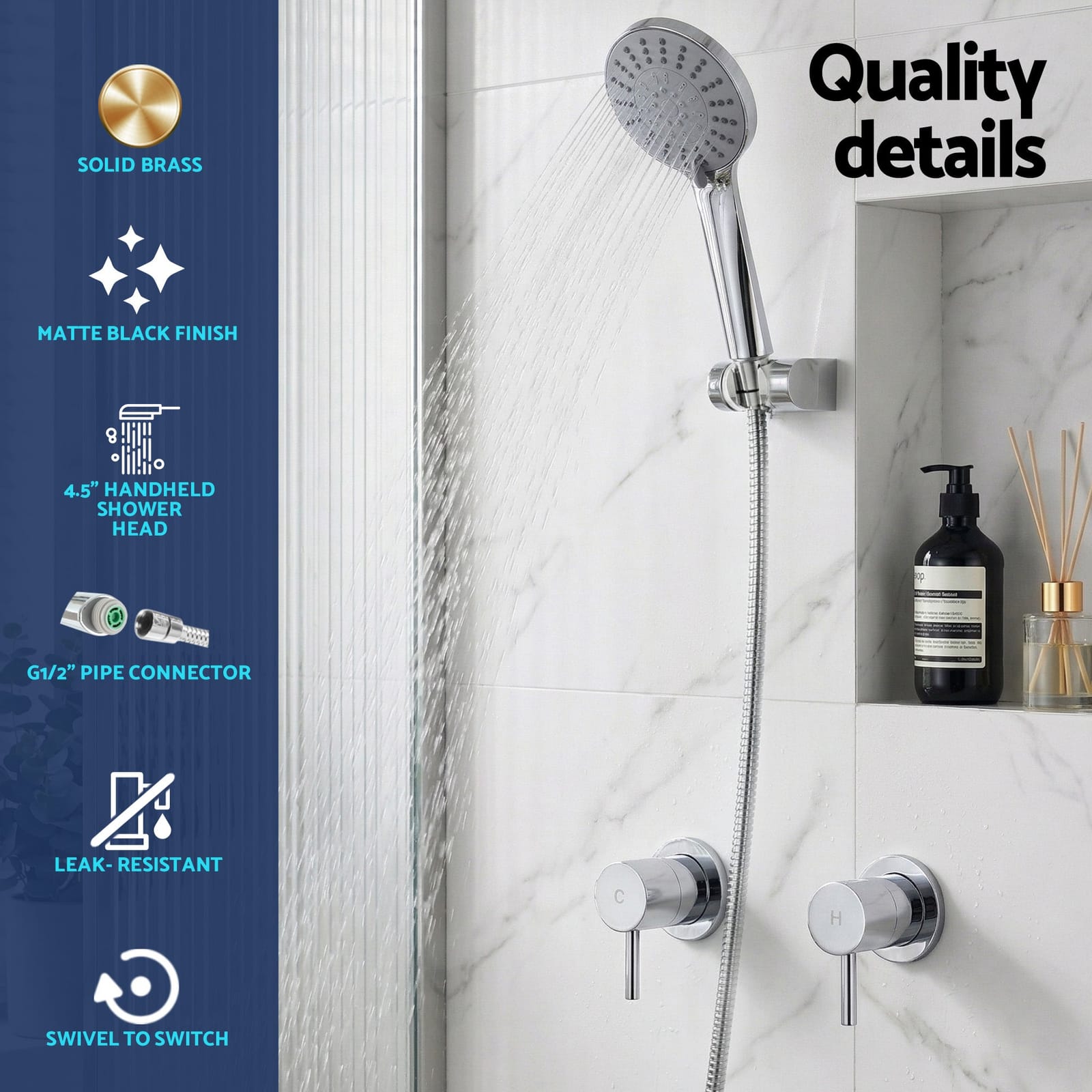 Handheld Shower Head Round 4.5 Inch 5 Mode Silver | Simpledeals