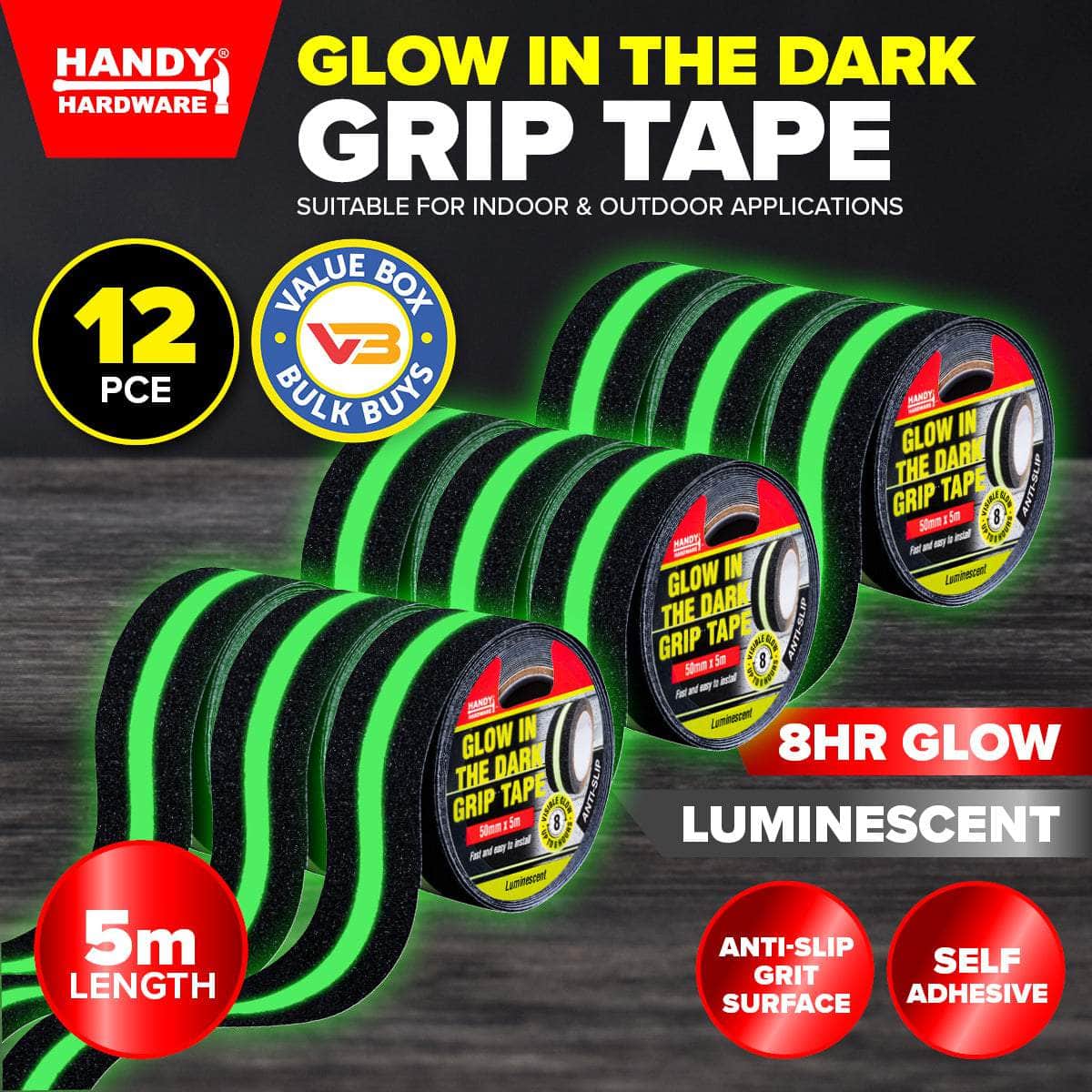 Handy Hardware 12Pce Grip Tape 8 Hour Glow In The Dark Grit Surface 5M