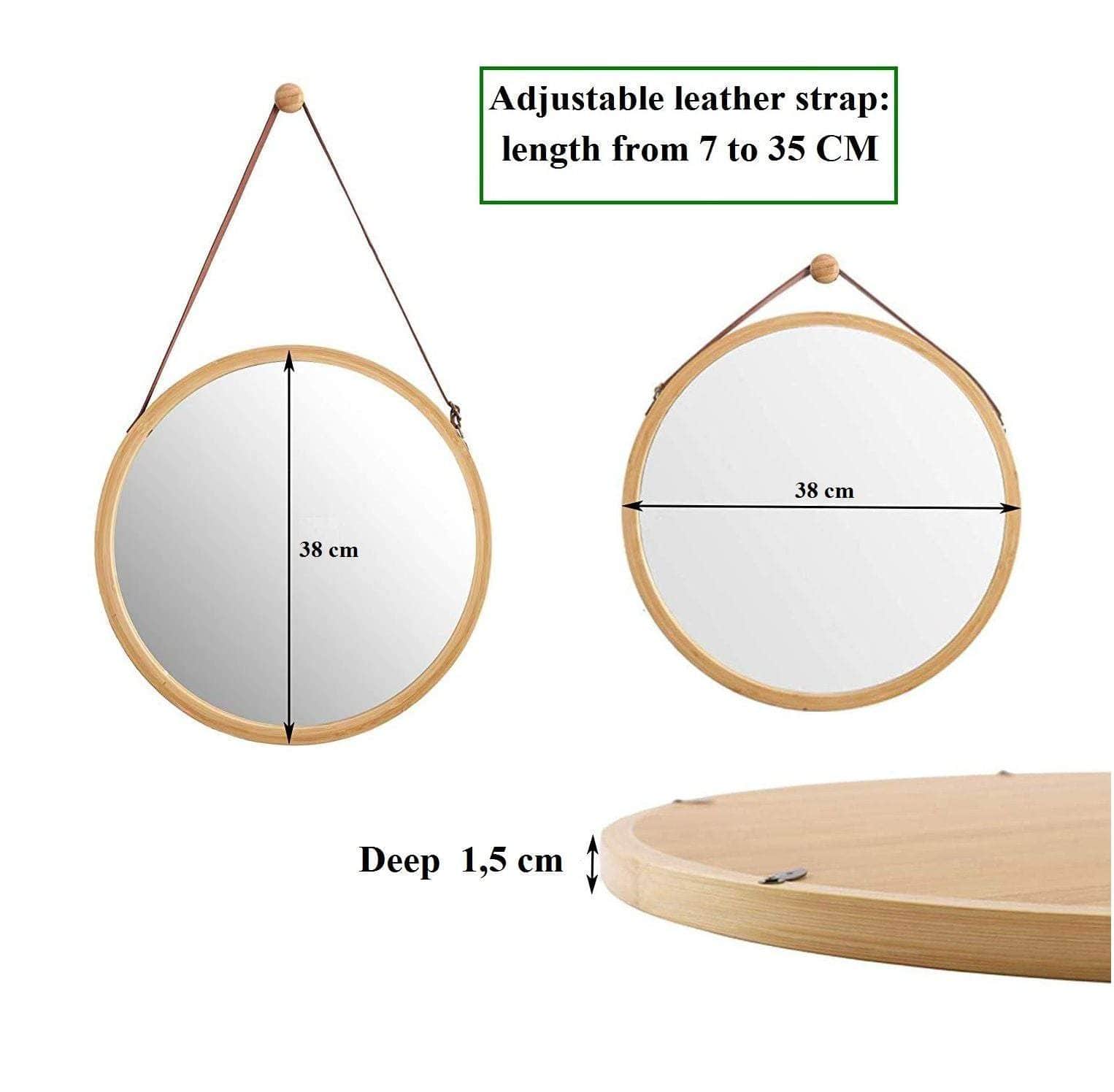 Hanging Round Wall Mirror 38 Cm - Solid Bamboo Frame And Adjustable Leather