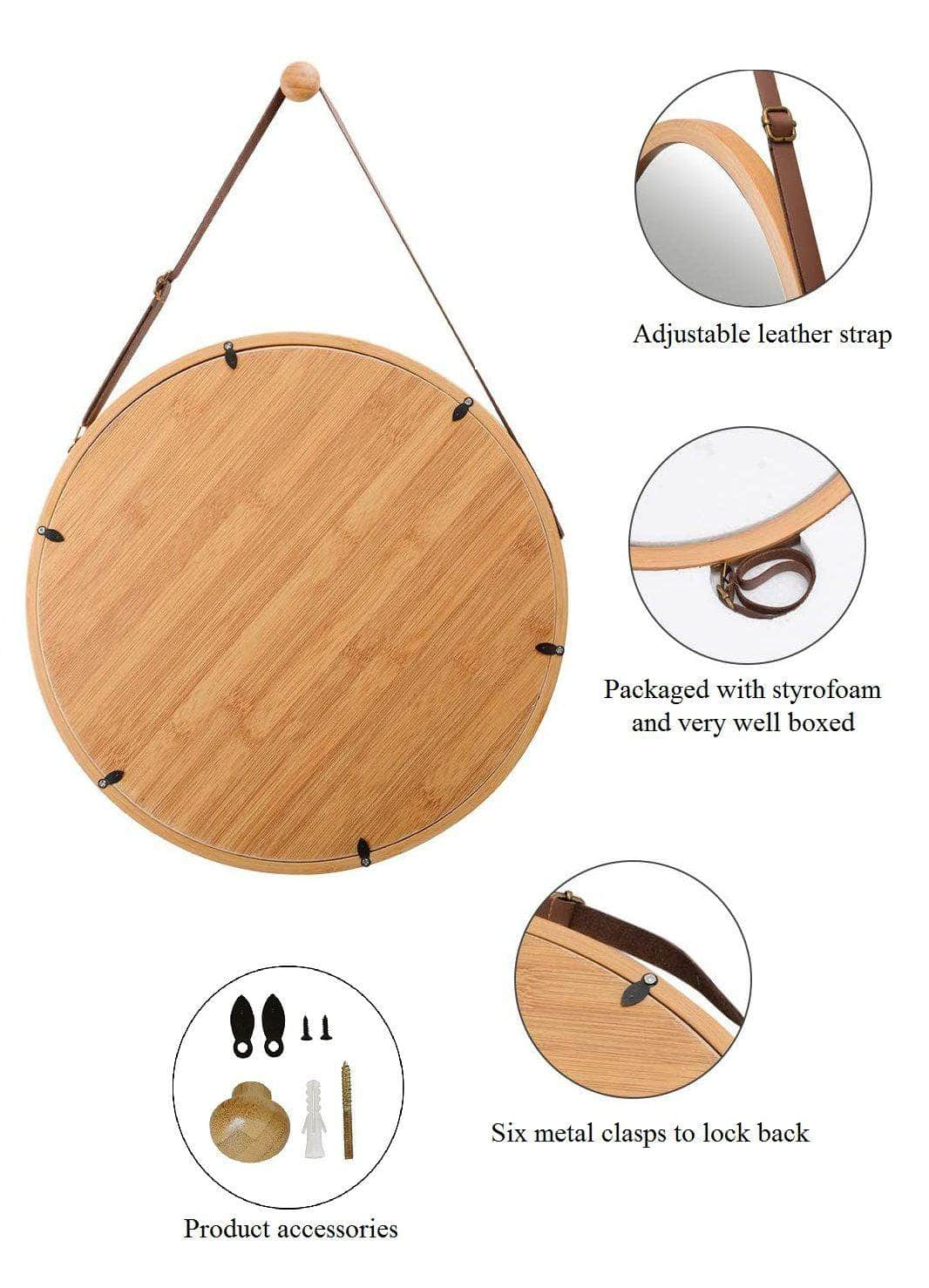 Hanging Round Wall Mirror 38 Cm - Solid Bamboo Frame And Adjustable Leather