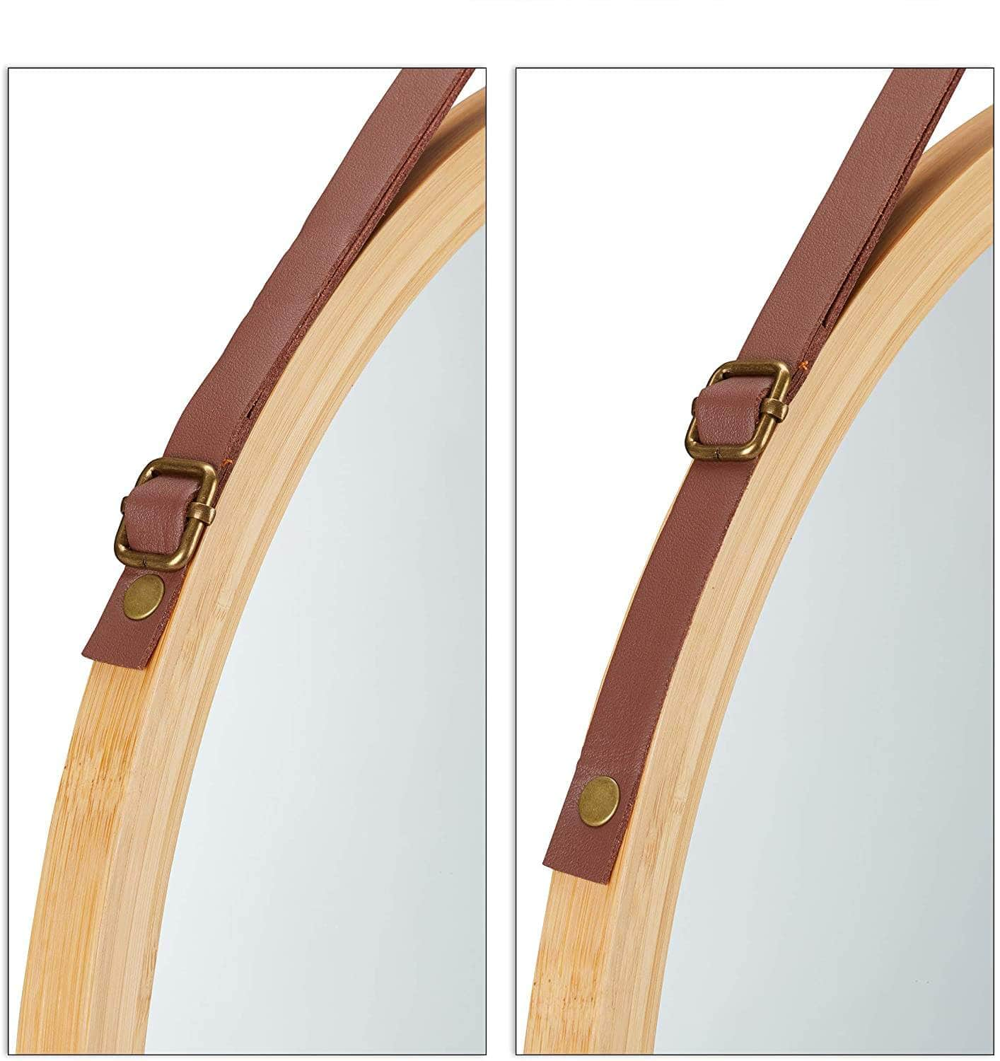 Hanging Round Wall Mirror 38 Cm - Solid Bamboo Frame And Adjustable Leather