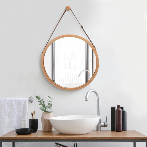 Hanging Round Wall Mirror 38 Cm - Solid Bamboo Frame And Adjustable Leather