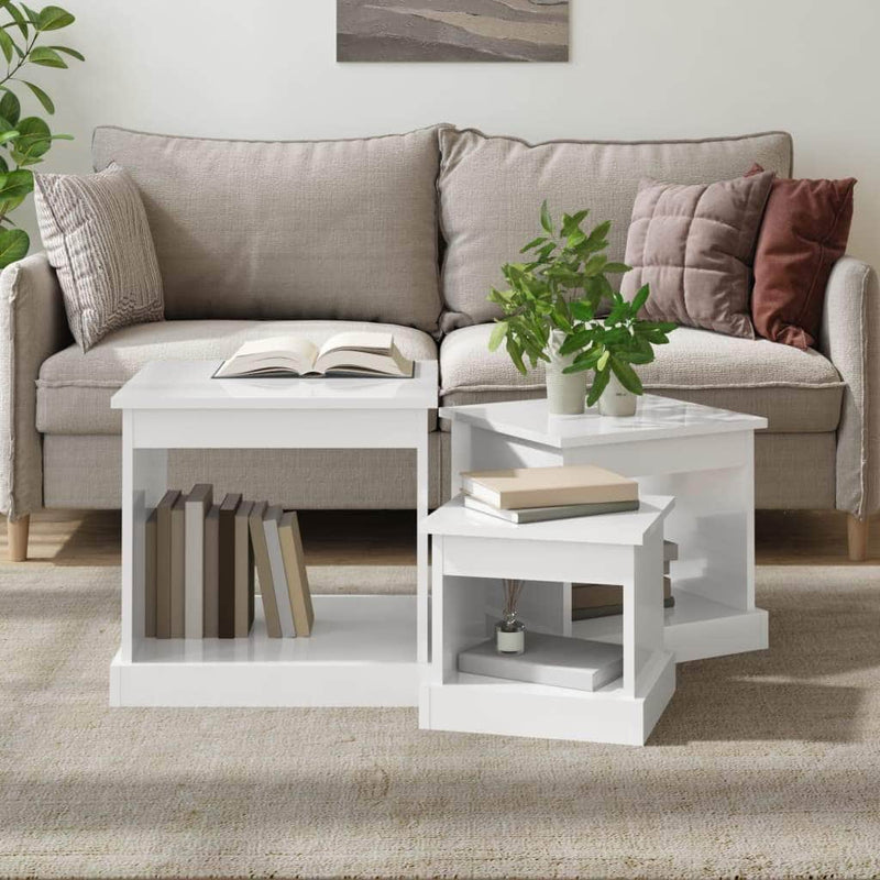 Harmonious Ascent: Set of 3 White Engineered Wood Nesting Tables with Wood finish