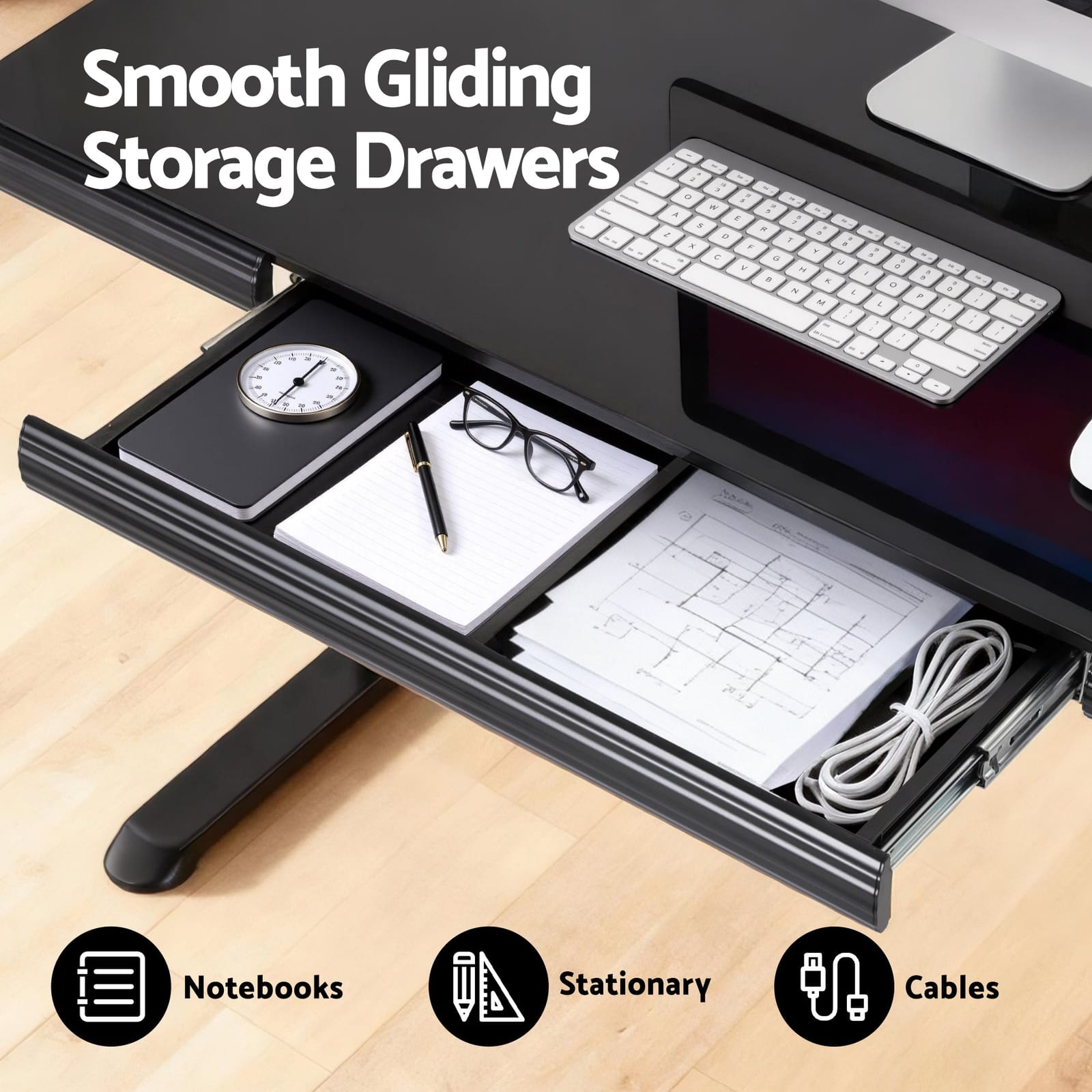 120Cm - Standing Desk Motorised Tempered Glass Top Electric Black 120Cm