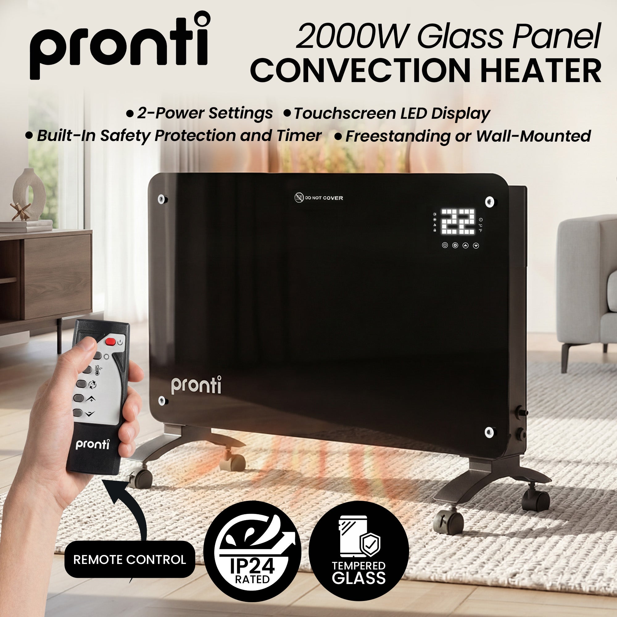 Glass Panel Convection Heater Remote LED Black | Simpledeals