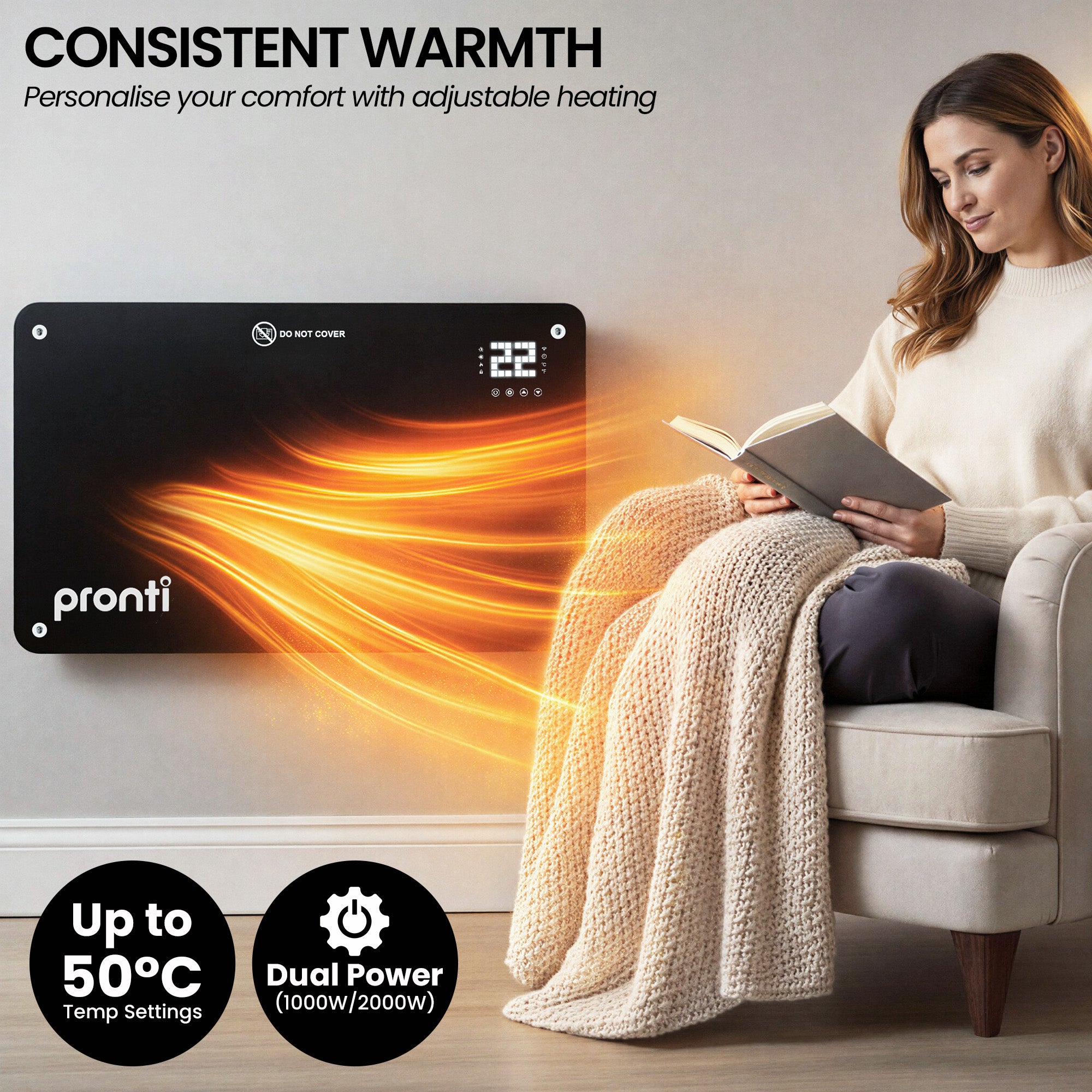 Glass Panel Convection Heater Remote LED Black | Simpledeals